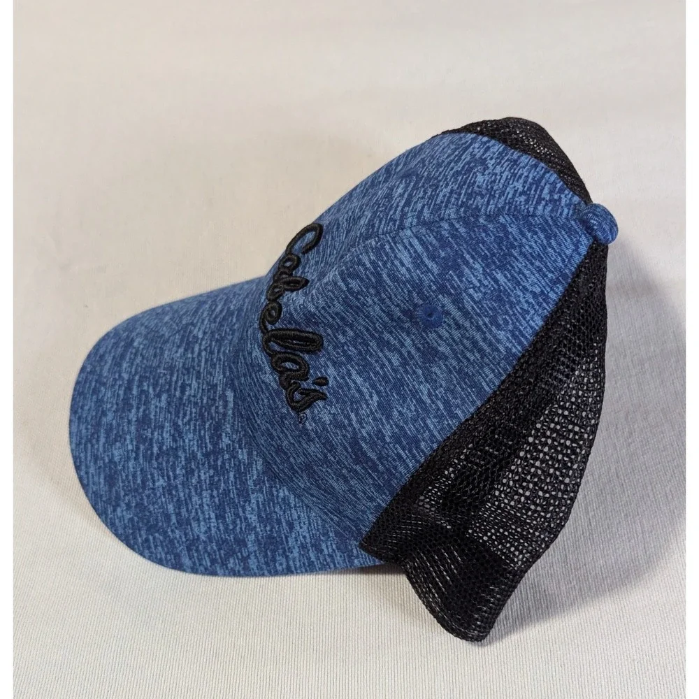 Cabelas Hat Mens OSFM Blue Heathered Black Mesh Snapback Trucker Cap Script Logo